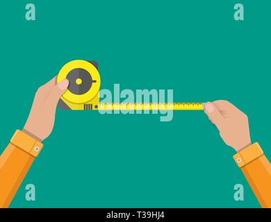 Mens Hände Maßband halten. Bauindustrie. Vector Illustration im flachen Stil Stock Vektor