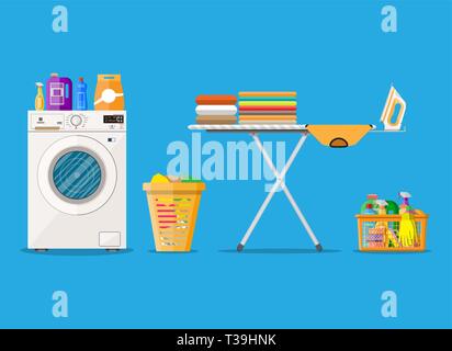 Waschküche mit Waschmaschine, Bügelbrett, Wäscheständer, Haushalt Chemie Reinigung, Waschmittel und Korb. Vector Illustration in Flat s Stock Vektor