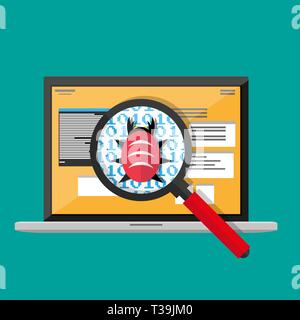 Fehler und Viren in der Programmiercode, Notebook mit Entwicklern, Anwendungen, Lupe, Zahnräder. software testing Qualitätssicherung. Vektor illust Stock Vektor