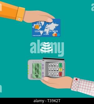 Pos-Terminal bestätigt die Zahlung durch Kreditkarte. nfc Zahlungen Konzept Vector Illustration in flacher Ausführung. Stock Vektor