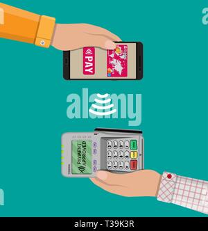 Pos-Terminal bestätigt die Zahlung per Smartphone. Vector Illustration im flachen Design. nfc Zahlungen Konzept Stock Vektor