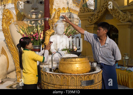 Pilger gießt Wasser über Buddha Statue an der Shwedagon Pagode, die offiziell genannten Shwedagon Zedi Daw und auch als der Große Dagon Pagode, Yango bekannt Stockfoto