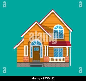 Suburban Family House. countrysdie Holzhaus Symbol. Vector Illustration im flachen Stil Stock Vektor