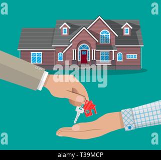 Hand Haus Tür Schlüssel zur anderen Hand. Kaufen, Mieten oder Leasen ein Haus. Immobilien, Vector Illustration im flachen Stil. Stock Vektor
