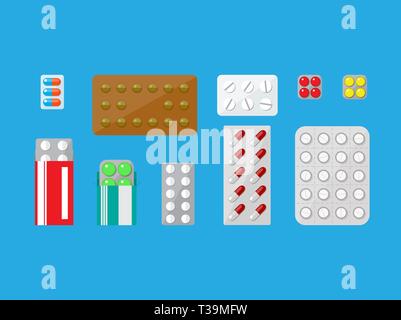 Medizin Pillen Kapseln auf blauem Hintergrund isoliert. Tabletten im flachen Stil. Medizinische Symbole gesetzt. Vector Illustration Stock Vektor