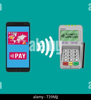 Pos-Terminal bestätigt die Zahlung per Smartphone. Vector Illustration im flachen Design. nfc Zahlungen Konzept Stock Vektor