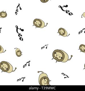 Nahtlose Muster von Cartoon Häschen, Leo Sternzeichen mit Text. Vector Illustration auf weißem Hintergrund. Stock Vektor