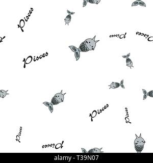 Nahtlose Muster von Cartoon Hasen, Fische Sternzeichen mit Text. Vector Illustration auf weißem Hintergrund. Stock Vektor