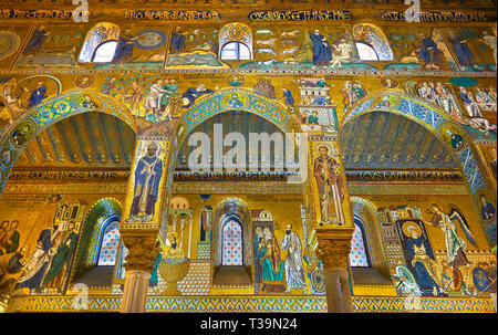 Mittelalterlichen byzantinischen Stil Mosaiken aus dem Seitenschiff Bögen, Pfalzkapelle, Cappella Palatina, Palermo, Italien Stockfoto