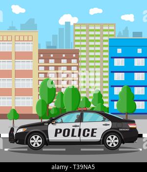 Allgemeine Polizei Auto im Stadtbild Hintergrund. Vector Illustration im flachen Stil Stock Vektor