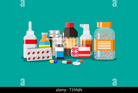 Verschiedene medizinische Pillen und Flaschen, Healthcare und Einkaufsmöglichkeiten, Apotheke, Drogerie. Vector Illustration im flachen Stil Stock Vektor