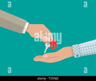 Hand der Immobilienmakler bietet Haus Tür Schlüssel in der Hand des Kunden. Kauf, Miete oder Pacht ein Haus. Vector Illustration im flachen Stil. Stock Vektor