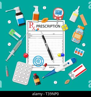 Medizin Pillen, Kapseln und Flaschen und medizinische Geräte. Rx prescription Form und Stift. Tabletten im flachen Stil. Medizinische Symbole gesetzt. Vektor illustratio Stock Vektor