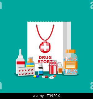 Weiß Einkaufstasche mit verschiedenen medizinischen Pillen und Flaschen, Healthcare und Einkaufsmöglichkeiten, Apotheke, Drogerie. Vector Illustration im flachen Stil Stock Vektor