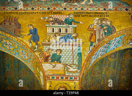 Mittelalterlichen byzantinischen Stil Mosaiken aus der biblischen Geschichte des Gebäudes Babel Pfalzkapelle, Cappella Palatina, Palermo, Italien Stockfoto