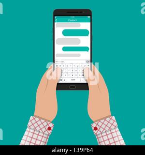 Händen hält mit Messaging sms-app-Smartphone. Vector Illustration im flachen Stil Stock Vektor