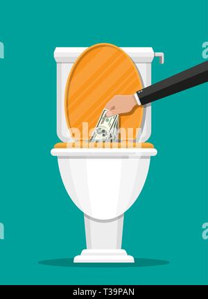 Geschäftsmann hand Dollarscheine in der Toilette. Geld zu verlieren. Vector Illustration im flachen Stil Stock Vektor