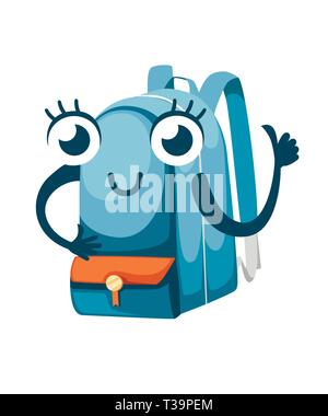 Blaue Schultasche Maskottchen. Cartoon Character Design. Rucksack mit Reißverschlüssen. Flache Vector Illustration auf weißem Hintergrund. Stock Vektor