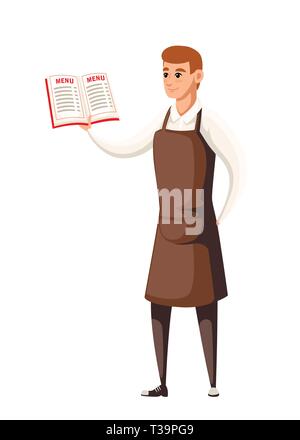 Kellner in der Uniform holding Menü Buch. Cartoon Character Design. Flache Vector Illustration auf weißem Hintergrund. Stock Vektor