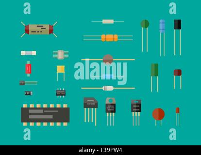 Elektronische Komponenten, Schaltung einstellen. Transistor, Widerstand, Kondensator, led und Chip. Vector Illustration im flachen Stil Stock Vektor