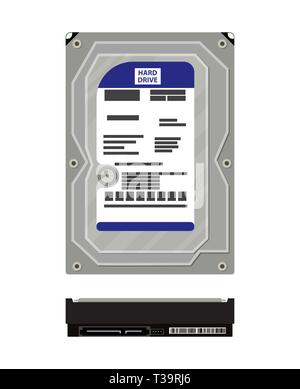 Festplatte Seitenansicht und Draufsicht auf Weiß isoliert. PC-Hardware. Komponenten für Personal Computer. Auf das Symbol. Vector Illustration im flachen Stil Stock Vektor