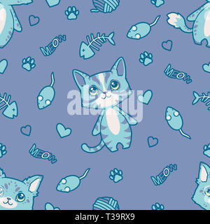 Cute nahtlose Muster mit gezogenen Cartoon blaue Katzen, Maus, Fishbone, Herzen und Pfotenabdrücke auf Violett Hintergrund Stockfoto