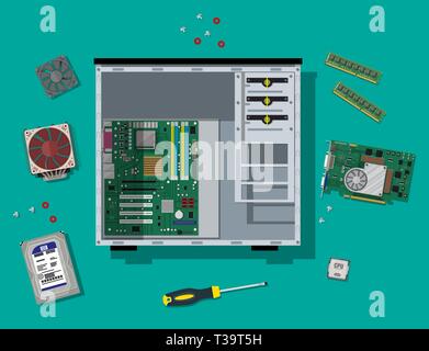 Motherboard, Festplatte, CPU, Grafikkarte, Speicher, Schraubenzieher und Fall. Montage PC. Pc-Hardware. Vector Illustration in flachen Stock Vektor