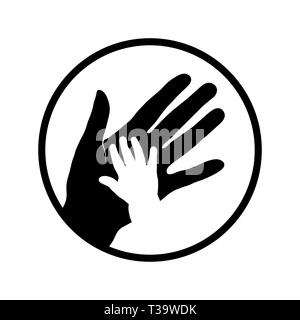 Schwarzes Symbol der Familie Hände. Hand des Kindes mit der Mutter hand Symbol. Stock Vektor