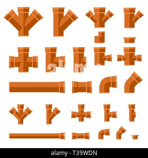 Braun Abwasserrohre flachbild Symbole. Satz Teile und Leitungen des Engineering Kanalisation. Stock Vektor