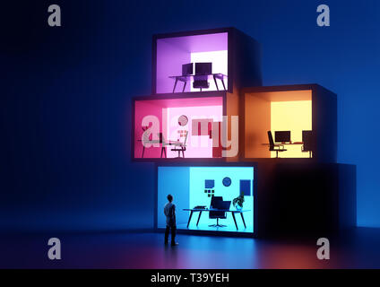 Ein Geschäftsmann auf glühenden gestapelt Business Office Arbeitsplätze suchen. Geschäft und Arbeitsplätze Konzept. 3D-Darstellung Stockfoto