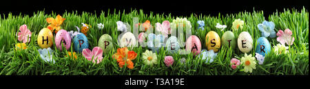 Leuchtend bunte Ostereier sagen Frohe Ostern auf grünem Gras mit Blumen Stockfoto