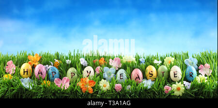 Leuchtend bunte Ostereier sagen Frohe Ostern auf grünem Gras mit Blumen gegen den blauen Himmel Stockfoto