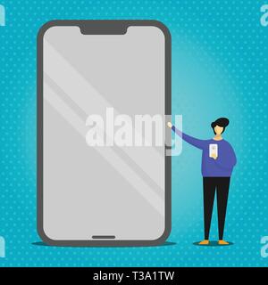 Mann präsentiert riesigen leeren Bildschirm Smartphone beim Halten einer anderen mobilen Design Business Konzept leere Raum modernen abstrakten Hintergrund Stock Vektor