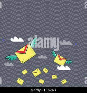 Viele bunte Postkarten Fliegen Schreiben Umschläge und zwei von Ihnen mit Flügeln Design Business Konzept leere Raum modernen abstrakten Hintergrund Stock Vektor