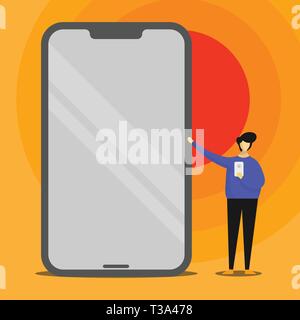 Mann präsentiert riesigen leeren Bildschirm Smartphone beim Halten einer anderen mobilen Design Business Konzept leere Vorlage kopieren Raum Text für Anzeige Web site isolieren Stock Vektor