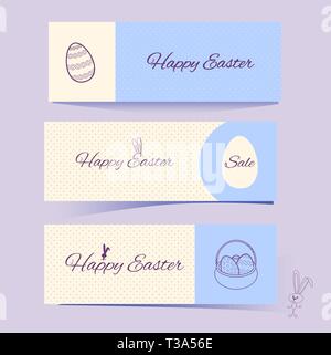 Horizontale Ostern Banner mit Kaninchen auf beige und blau Hintergrund mit gepunkteten Muster. Lila Konturen von Hasen, Eiern und Platz für Text Stock Vektor