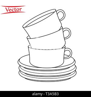 Vector Illustration eines Stapels von Linie Kaffeetassen auf weißem Hintergrund Stock Vektor