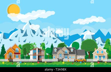 Private suburban Häuser mit dem Auto, Bäume, Straße, Berge, Sonne, Himmel und Wolken. Dorf. Vector Illustration im flachen Stil Stock Vektor