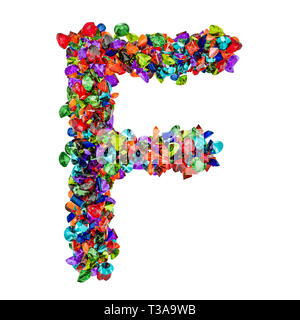 Buchstabe F von farbigen Edelsteine. 3D-Rendering auf weißem Hintergrund Stockfoto