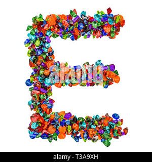 Buchstabe E von farbigen Edelsteine. 3D-Rendering auf weißem Hintergrund Stockfoto