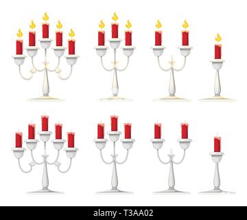 Kerzen im kerzenständer. Silberne Kandelaber mit rot brennenden Kerzen. Flache Vector Illustration auf weißem Hintergrund. Stock Vektor