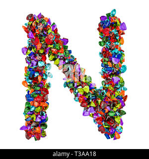 Buchstabe N von farbigen Edelsteine. 3D-Rendering auf weißem Hintergrund Stockfoto