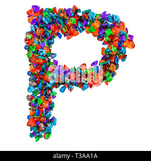 Buchstabe P von farbigen Edelsteine. 3D-Rendering auf weißem Hintergrund Stockfoto