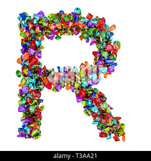 Buchstabe R aus farbigen Edelsteine. 3D-Rendering auf weißem Hintergrund Stockfoto