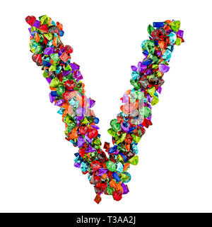 Buchstabe V von farbigen Edelsteine. 3D-Rendering auf weißem Hintergrund Stockfoto