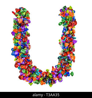 Buchstabe U von farbigen Edelsteine. 3D-Rendering auf weißem Hintergrund Stockfoto