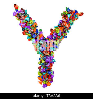 Buchstabe Y aus farbigen Edelsteine. 3D-Rendering auf weißem Hintergrund Stockfoto