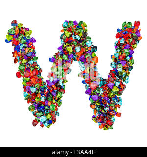 Buchstabe W von farbigen Edelsteine. 3D-Rendering auf weißem Hintergrund Stockfoto