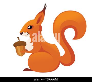 Süße kleine Eichhörnchen auf dem Boden sitzen und hält einen Acorn. Von der Seite. Cartoon animal Character Design. Flache Vector Illustration auf weißem Hintergrund Stock Vektor