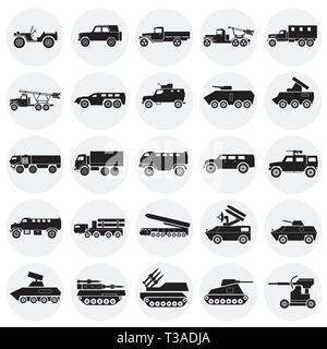 Militärfahrzeuge Symbole auf cirlces weißen Hintergrund für Grafik- und Webdesign. Einfachen Vektor unterzeichnen. Internet Konzept Symbol für Website Taste oder Stock Vektor